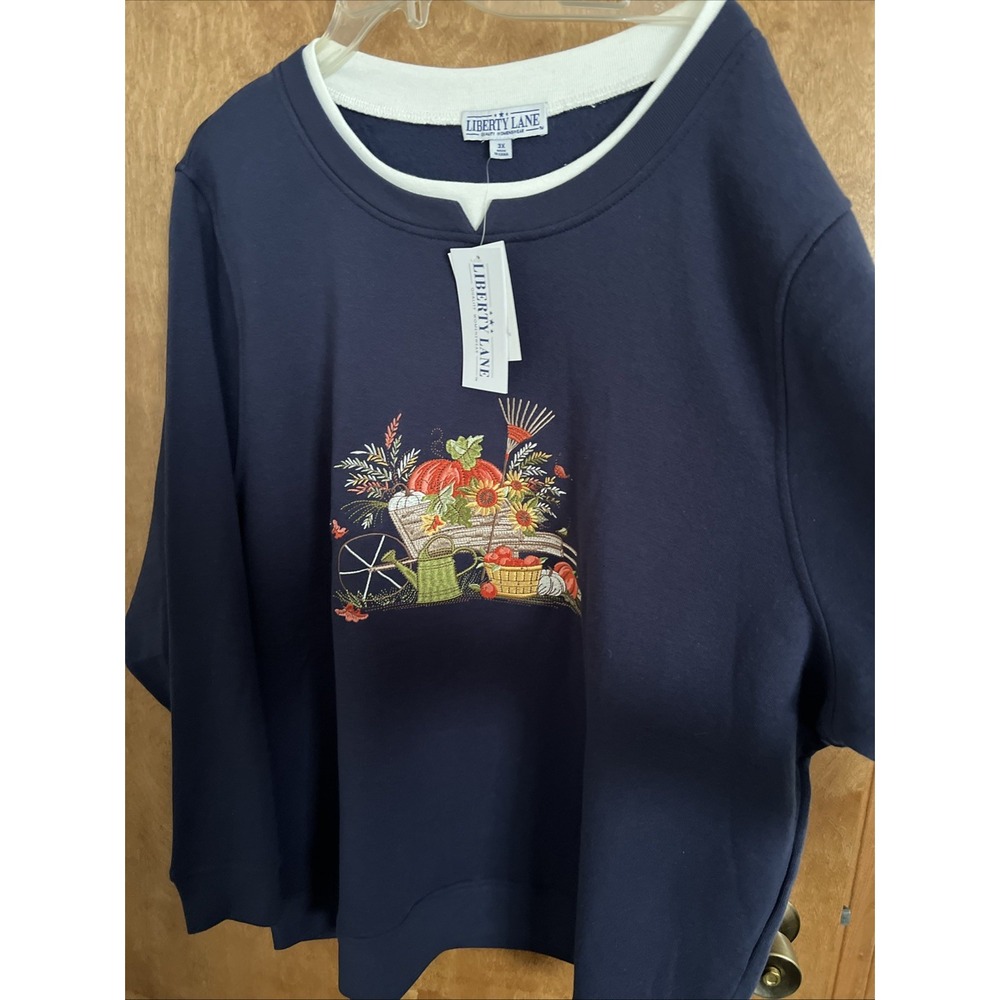 Liberty Lane Sweatshirt Plus XXXL Blue Embroidered Cottage‎ Core Granny Fall 3X - Picture 3 of 9